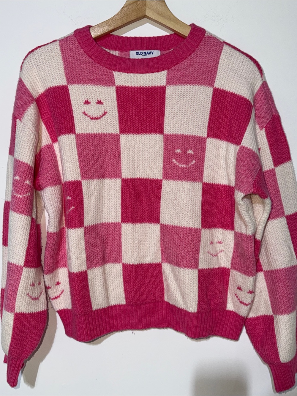 Old Navy Pink and Cream Checkerboard Smiley Crewneck Sweater girls size XLarge